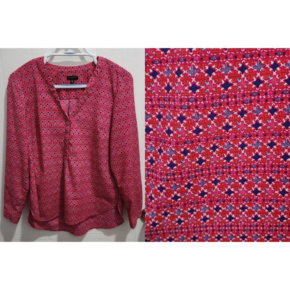 Talbots Women's Long Sleeve V Neck Popover Blouse Top Pink Patterned‎ Size MP